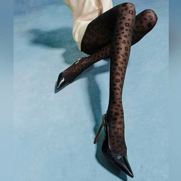 ⏭️NIB Black Leopard Print Premium Contour Shaping Nylon Tights Medium - Picture 1 of 6